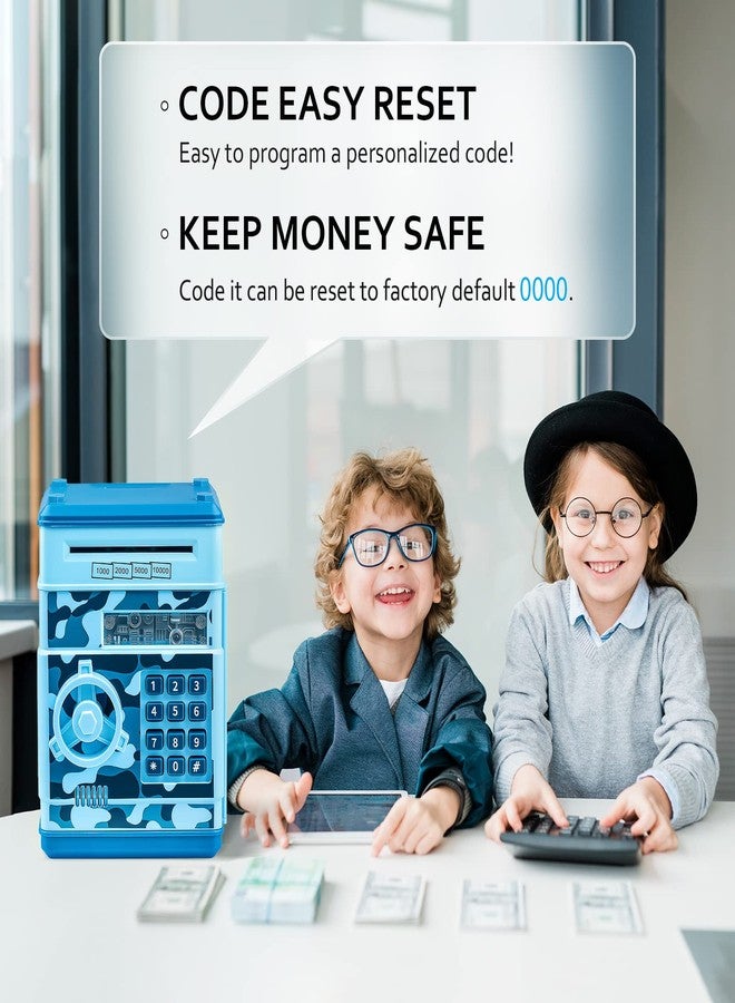 Vcertcpl ATM Piggy Bank for Boys Girls, Vcertcpl Mini ATM Coin Bank Money Saving Box with Password, Kids Safe Money Jar for Adults with Auto Grab Bill Slot, Great Gift Toy Bank for Kids (Camouflage Light Blue) - Image 2